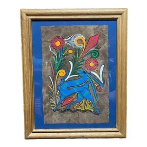 Gazelle Antelope Floral Mexican Amate Bark Paper VTG Art Painting Framed 12x15